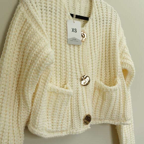 NWT Fashion Womens Open Knit Cropped Cardigan Button Pocket Front Cream Size XS - Picture 4 of 8